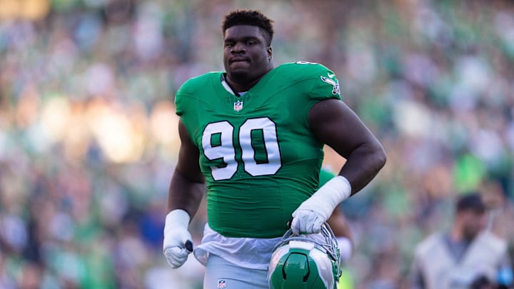Nov 3, 2024; Philadelphia, Pennsylvania, USA; Philadelphia Eagles defensive tackle Jordan Davis (90) in a game against the Jacksonville Jaguars at Lincoln Financial Field. Mandatory Credit: Bill Streicher-Imagn Images