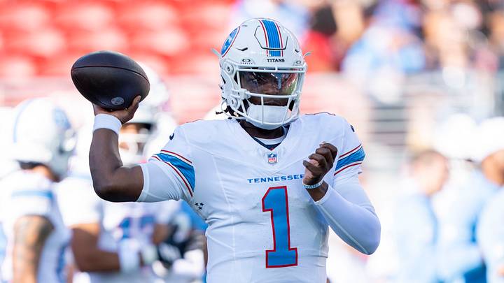 August 13, 2026; Santa Clara, California, USA; Tennessee Titans quarterback Cam Ward (1) warms up before the game against the San Francisco 49ers at Levi's Stadium. August 13, 2026; Santa Clara, California, USA; Tennessee Titans quarterback Cam Ward (1) warms up before the game against the San Francisco 49ers at Levi's Stadium.