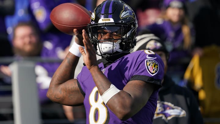 Dec 4, 2022; Baltimore, Maryland, USA; Baltimore Ravens quarterback Lamar Jackson (8) warms up prior