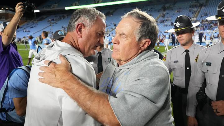 Sep 1, 2025; Chapel Hill, North Carolina, USA; North Carolina Tar Heels head coach Bill Belichick with TCU Horned Frogs head coach Sonny Dykes after the game at Kenan Stadium. Mandatory Credit: Bob Donnan-Imagn Images Sep 1, 2025; Chapel Hill, North Carolina, USA; North Carolina Tar Heels head coach Bill Belichick with TCU Horned Frogs head coach Sonny Dykes after the game at Kenan Stadium. Mandatory Credit: Bob Donnan-Imagn Images