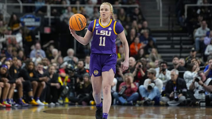 Apr 1, 2024; Albany, NY, USA; LSU Lady Tigers guard Hailey Van Lith (11) controls the ball the Iowa