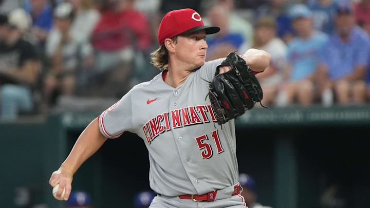 Apr 3, 2026; Arlington, Texas, USA; Cincinnati Reds pitcher Brady Singer (51) delivers a pitch to the Texas Rangers during the first inning at Globe Life Field. Mandatory Credit: Jim Cowsert-Imagn Images