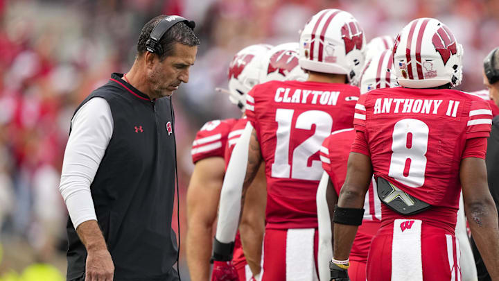 Oct 18, 2025; Madison, Wisconsin, USA;  Wisconsin Badgers head coach Luke Fickell during the game against the Ohio State Buckeyes at Camp Randall Stadium. Mandatory Credit: Jeff Hanisch-Imagn Images