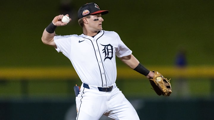 Nov 9, 2025; Mesa, AZ, USA; Detroit Tigers shortstop Kevin McGonigle during the Arizona Fall League Fall Stars Game at Sloan Park. Nov 9, 2025; Mesa, AZ, USA; Detroit Tigers shortstop Kevin McGonigle during the Arizona Fall League Fall Stars Game at Sloan Park.
