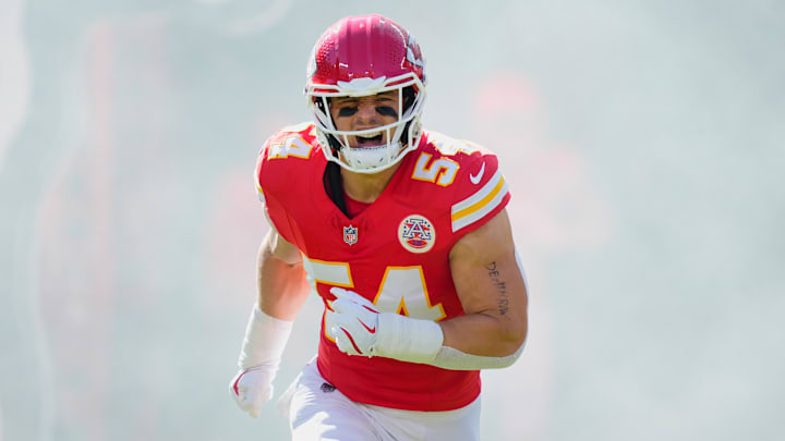 Oct 19, 2025; Kansas City, Missouri, USA; Kansas City Chiefs linebacker Leo Chenal (54) runs onto the field during player introductions prior to the game against the Las Vegas Raiders at GEHA Field at Arrowhead Stadium. Mandatory Credit: Jay Biggerstaff-Imagn Images