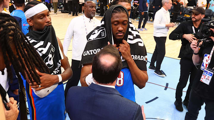 Apr 26, 2025; Memphis, Tennessee, USA; Oklahoma City Thunder forward Jalen Williams (8) is interviewed after defeating the Memphis Grizzlies in game four for the first round of the 2024 NBA Playoffs at FedExForum. Mandatory Credit: Petre Thomas-Imagn Images