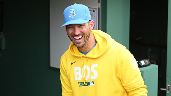 May 2, 2026; Boston, Massachusetts, USA; Boston Red Sox interim manager Chad Tracy (17) stands in the dugout before a game against the Houston Astros at Fenway Park. Mandatory Credit: Eric Canha-Imagn Images