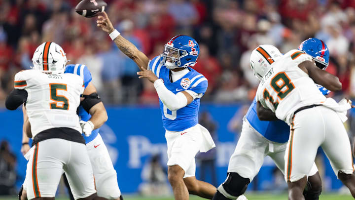 Jan 8, 2026; Glendale, AZ, USA; Mississippi Rebels quarterback Trinidad Chambliss (6) against the Miami Hurricanes during the 2026 Fiesta Bowl and semifinal game of the College Football Playoff at State Farm Stadium. Mandatory Credit: Mark J. Rebilas-Imagn Images