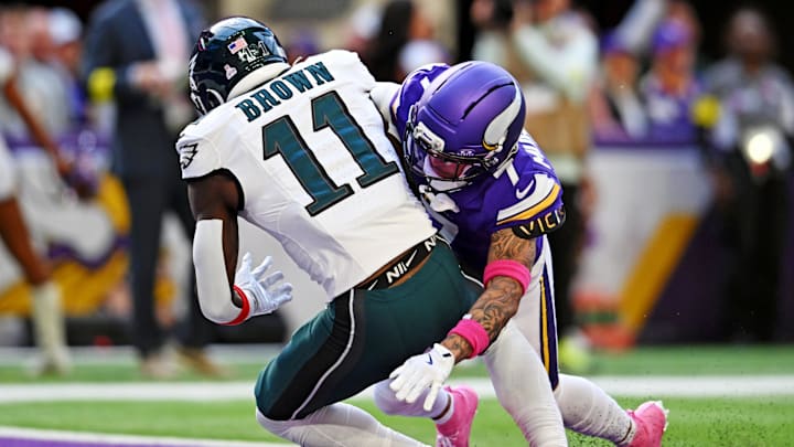 Oct 19, 2025; Minneapolis, Minnesota, USA; Philadelphia Eagles wide receiver A.J. Brown (11) runs the ball for a touchdown during the second half against the Minnesota Vikings at U.S. Bank Stadium. Mandatory Credit: Jeffrey Becker-Imagn Images Oct 19, 2025; Minneapolis, Minnesota, USA; Philadelphia Eagles wide receiver A.J. Brown (11) runs the ball for a touchdown during the second half against the Minnesota Vikings at U.S. Bank Stadium. Mandatory Credit: Jeffrey Becker-Imagn Images