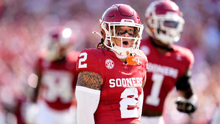 Oklahoma Sooners defensive back Billy Bowman Jr. (2) celebrates an interception in the first half of the Red River Rivalry college football game between the University of Oklahoma Sooners and the Texas Longhorn at the Cotton Bowl Stadium in Dallas, Texas, Saturday, Oct., 12, 2024. Oklahoma Sooners defensive back Billy Bowman Jr. (2) celebrates an interception in the first half of the Red River Rivalry college football game between the University of Oklahoma Sooners and the Texas Longhorn at the Cotton Bowl Stadium in Dallas, Texas, Saturday, Oct., 12, 2024.
