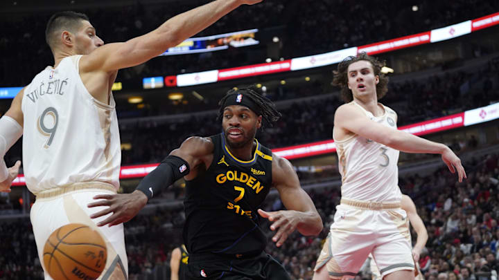 Feb 8, 2025; Chicago, Illinois, USA; Chicago Bulls center Nikola Vucevic (9) and guard Josh Giddey (3) defend Golden State Warriors guard Buddy Hield (7) during the first half at United Center. Mandatory Credit: David Banks-Imagn Images Feb 8, 2025; Chicago, Illinois, USA; Chicago Bulls center Nikola Vucevic (9) and guard Josh Giddey (3) defend Golden State Warriors guard Buddy Hield (7) during the first half at United Center. Mandatory Credit: David Banks-Imagn Images