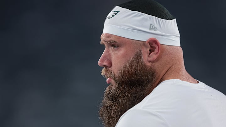 Oct 9, 2025; East Rutherford, New Jersey, USA; Philadelphia Eagles offensive tackle Lane Johnson (65) on the field before the game against the New York Giants at MetLife Stadium. Mandatory Credit: Vincent Carchietta-Imagn Images