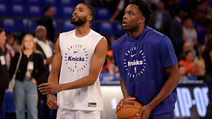 Oct 25, 2024; New York, New York, USA; New York Knicks forwards Mikal Bridges (25) and OG Anunoby (8) warms up before a game against the Indiana Pacers at Madison Square Garden. Mandatory Credit: Brad Penner-Imagn Images