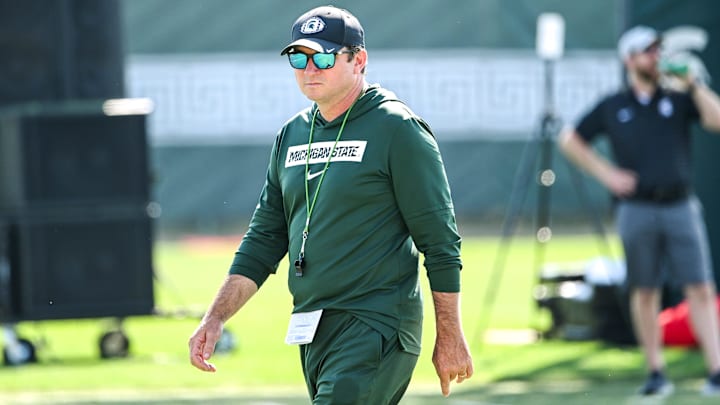 Michigan State football head coach Jonathan Smith looks on during practice on Monday, Aug. 11, 2025, in East Lansing.