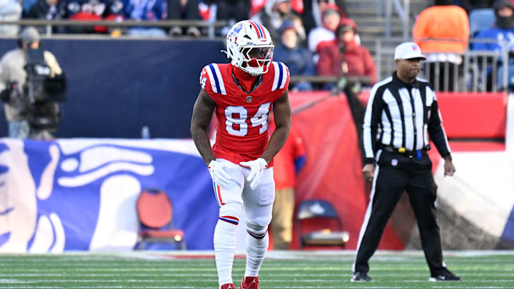 Dec 1, 2024; Foxborough, Massachusetts, USA; New England Patriots wide receiver Kendrick Bourne (84) waits for the snap of the ball during the first half against the Indianapolis Colts at Gillette Stadium. Mandatory Credit: Eric Canha-Imagn Images