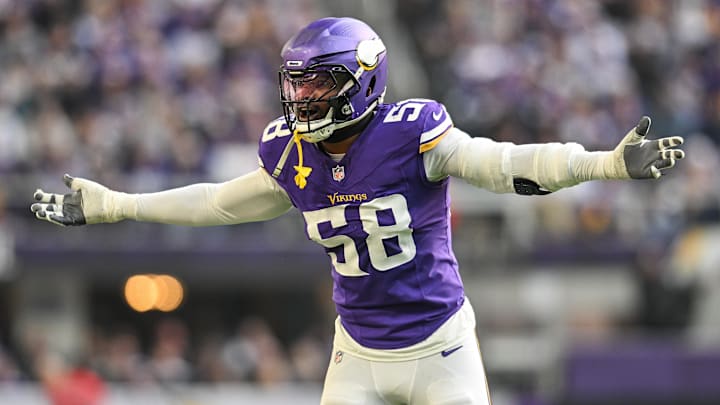 Dec 1, 2024; Minneapolis, Minnesota, USA; Minnesota Vikings linebacker Jonathan Greenard (58) reacts during the second quarter against the Arizona Cardinals at U.S. Bank Stadium. Mandatory Credit: Jeffrey Becker-Imagn Images
