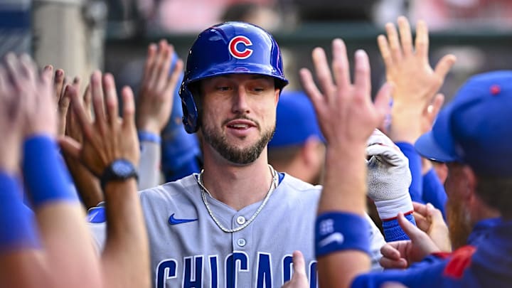 Aug 23, 2025; Anaheim, California, USA; Chicago Cubs outfielder Kyle Tucker (30) celebrates with teammates after hitting a two-run home run against the Los Angeles Angels during the third inning at Angel Stadium. Mandatory Credit: Jonathan Hui-Imagn Images