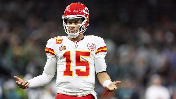 Feb 9, 2025; New Orleans, LA, USA;  Kansas City Chiefs quarterback Patrick Mahomes (15) reacts against the Philadelphia Eagles in Super Bowl LIX at Ceasars Superdome. Mandatory Credit: Mark J. Rebilas-Imagn Images