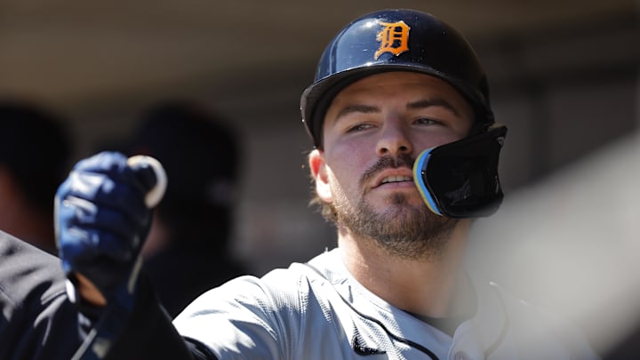 Apr 21, 2024; Minneapolis, Minnesota, USA; Detroit Tigers second baseman Buddy Kennedy (40) celebrates his RBI sacrifice fly against the Minnesota Twins in the first inning at Target Field. Mandatory Credit: Bruce Kluckhohn-Imagn Images