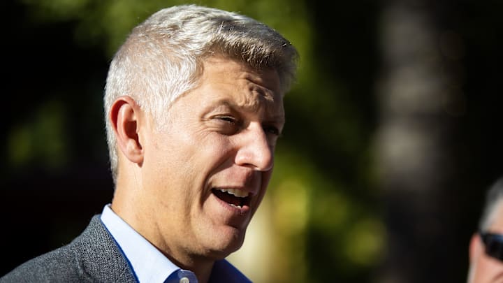 Nov 7, 2023; Scottsdale, AZ, USA; Baltimore Orioles general manager Mike Elias speaks to the media during the MLB General Manager's Meetings at Omni Scottsdale Resort & Spa. 