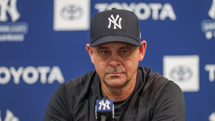 Feb 13, 2025; Tampa, FL, USA; New York Yankees manager Aaron Boone (17) gives a press conference during spring training workouts at George M. Steinbrenner Field. Mandatory Credit: Nathan Ray Seebeck-Imagn Images