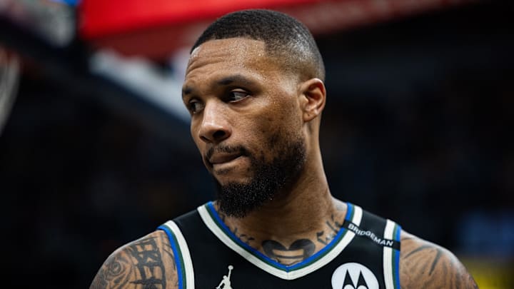 Apr 22, 2025; Indianapolis, Indiana, USA; Milwaukee Bucks guard Damian Lillard (0) during game two of first round for the 2024 NBA Playoffs against the Indiana Pacers at Gainbridge Fieldhouse. Mandatory Credit: Trevor Ruszkowski-Imagn Images
