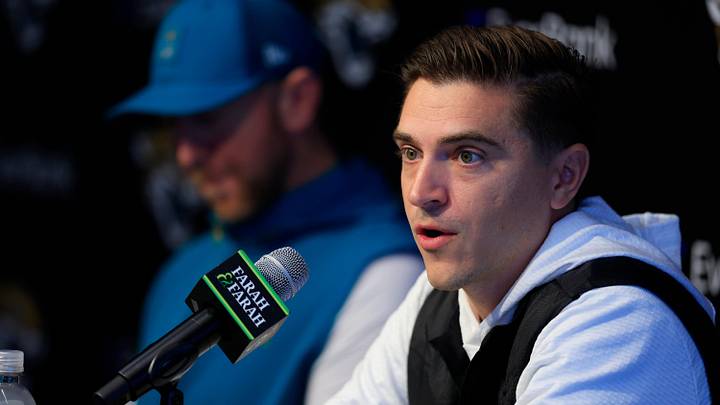 Jacksonville Jaguars general manager James Gladstone speaks during a press conference next to head coach Liam Coen at the Miller Electric Center, Wednesday, Jan. 14, 2026, in Jacksonville, Fla. Jacksonville Jaguars general manager James Gladstone speaks during a press conference next to head coach Liam Coen at the Miller Electric Center, Wednesday, Jan. 14, 2026, in Jacksonville, Fla.