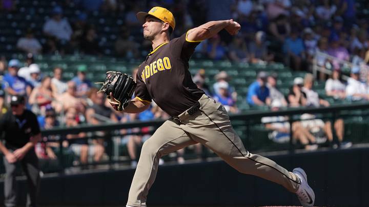 Feb 24, 2026; Mesa, Arizona, USA; San Diego Padres pitcher Marco Gonzales (32) throws against the Chicago Cubs in the first inning at Sloan Park. Mandatory Credit: Rick Scuteri-Imagn Images