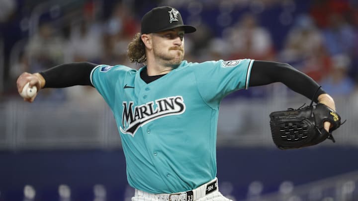 May 3, 2026; Miami, Florida, USA;  Miami Marlins starting pitcher Chris Paddack (33) throws against the Philadelphia Phillies during the first inning at loanDepot Park. Mandatory Credit: Rhona Wise-Imagn Images