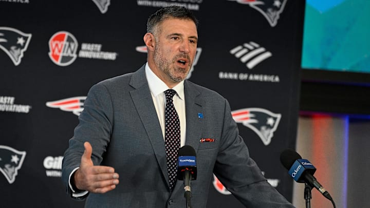 Jan 13, 2025; Foxborough, MA, USA; Mike Vrabel addresses media at a press conference to announce his hiring as the head coach of the New England Patriots at Gillette Stadium. Mandatory Credit: Eric Canha-Imagn Images