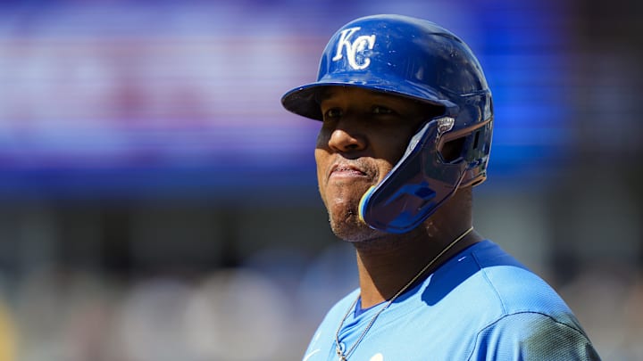 Aug 21, 2025; Kansas City, Missouri, USA; Kansas City Royals designated hitter Salvador Perez (13) reacts after hitting a single during the seventh inning against the Texas Rangers at Kauffman Stadium. Mandatory Credit: Jay Biggerstaff-Imagn Images Aug 21, 2025; Kansas City, Missouri, USA; Kansas City Royals designated hitter Salvador Perez (13) reacts after hitting a single during the seventh inning against the Texas Rangers at Kauffman Stadium. Mandatory Credit: Jay Biggerstaff-Imagn Images