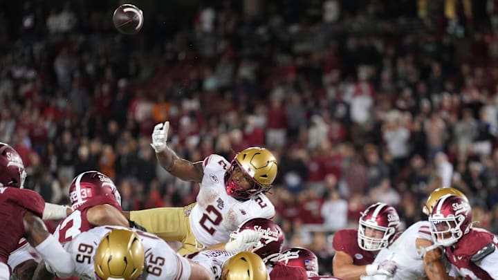 Sep 13, 2025; Stanford, California, USA; Boston College Eagles running back Turbo Richard (2) fumbles at the goal line during the third quarter against the Stanford Cardinal at Stanford Stadium. Mandatory Credit: Darren Yamashita-Imagn Images Sep 13, 2025; Stanford, California, USA; Boston College Eagles running back Turbo Richard (2) fumbles at the goal line during the third quarter against the Stanford Cardinal at Stanford Stadium. Mandatory Credit: Darren Yamashita-Imagn Images