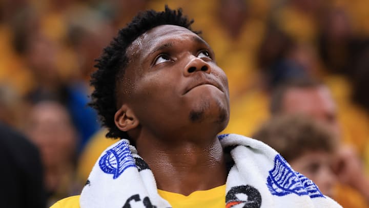 Indiana Pacers wing Bennedict Mathurin (00) during a playoff game against the Milwaukee Bucks.