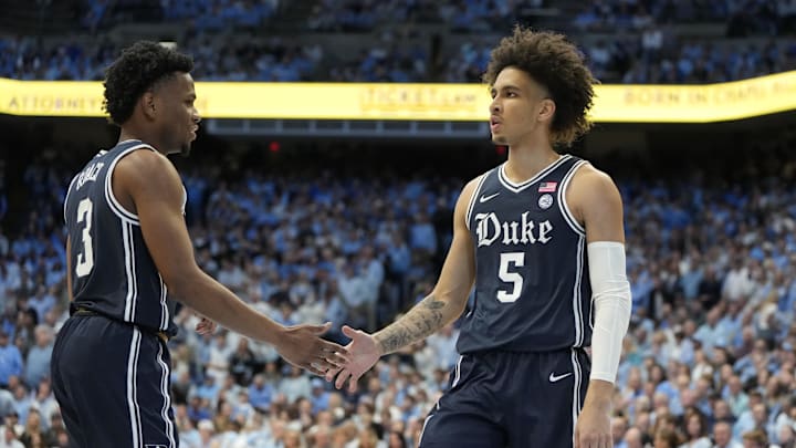 Feb 3, 2024; Chapel Hill, North Carolina, USA;  Duke Blue Devils guard Jeremy Roach (3) reacts with