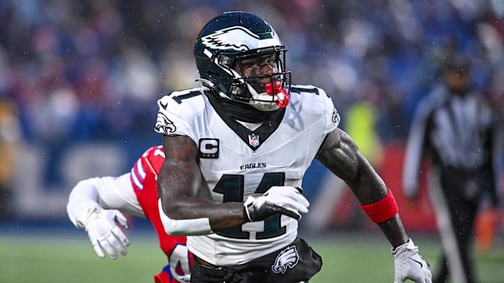 Philadelphia Eagles wide receiver A.J. Brown (11) looks to receive a pass in the first quarter against the Buffalo Bills at Highmark Stadium. 