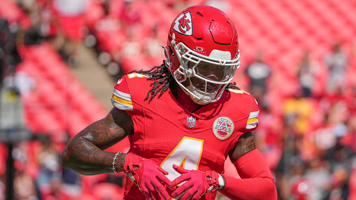 Sep 15, 2024; Kansas City, Missouri, USA; Kansas City Chiefs wide receiver Rashee Rice (4) warms up against the Cincinnati Bengals prior to a game at GEHA Field at Arrowhead Stadium. Mandatory Credit: Denny Medley-Imagn Images