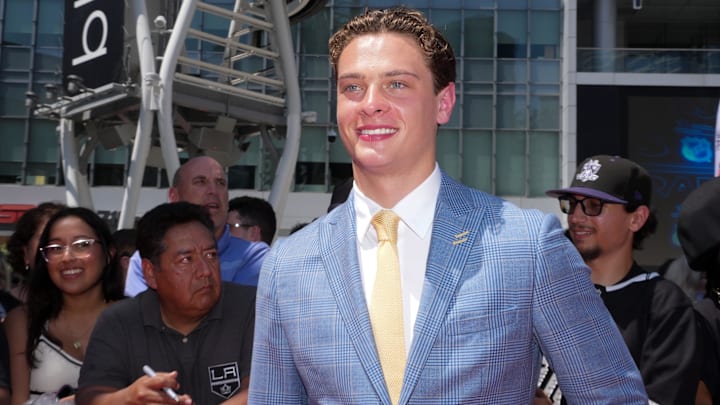 Jun 27, 2025; Los Angeles, California, USA; James Hagens arrives to the first round of the 2025 NHL Draft at Peacock Theater. Mandatory Credit: Kirby Lee-Imagn Images Jun 27, 2025; Los Angeles, California, USA; James Hagens arrives to the first round of the 2025 NHL Draft at Peacock Theater. Mandatory Credit: Kirby Lee-Imagn Images