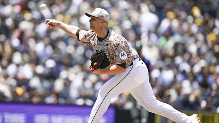 May 18, 2025; San Diego, California, USA; San Diego Padres starting pitcher Michael King (34) delivers during the first inning against the Seattle Mariners at Petco Park. Mandatory Credit: Denis Poroy-Imagn Images