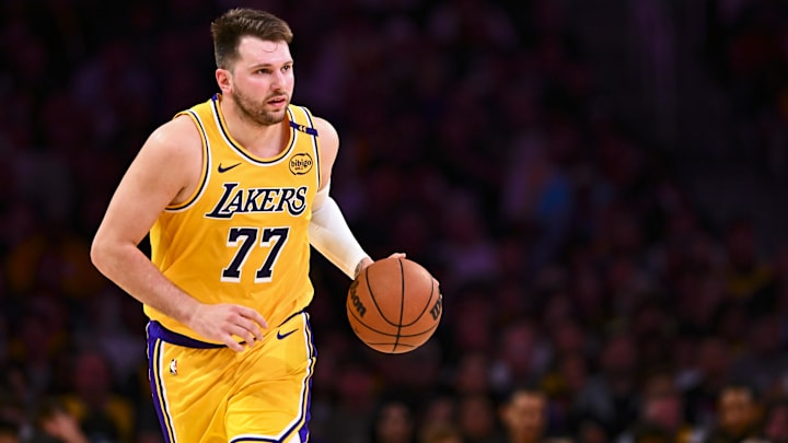 Los Angeles Lakers guard Luka Doncic moves the ball against the Houston Rockets Los Angeles Lakers guard Luka Doncic moves the ball against the Houston Rockets