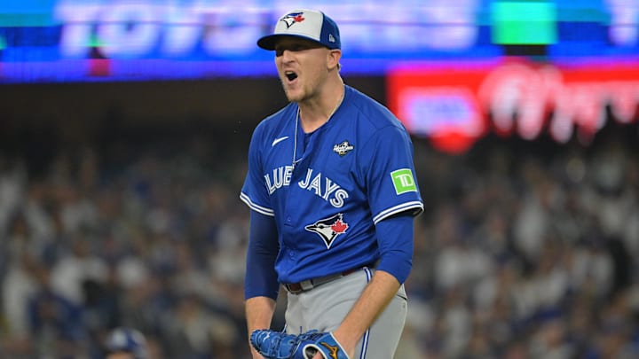 Jeff Hoffman of Toronto Blue Jays reacts to big pla Jeff Hoffman of Toronto Blue Jays reacts to big pla