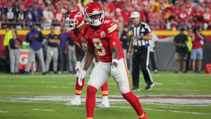 Sep 5, 2024; Kansas City, Missouri, USA; Kansas City Chiefs wide receiver JuJu Smith-Schuster (9) at the line of scrimmage against the Baltimore Ravens during the game at GEHA Field at Arrowhead Stadium. Mandatory Credit: Denny Medley-Imagn Images