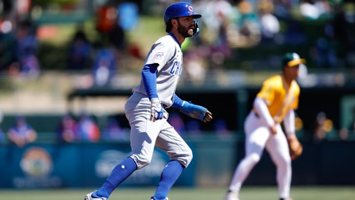Apr 2, 2025; West Sacramento, California, USA; Chicago Cubs shortstop Dansby Swanson (7) takes a lead from second base during the third inning against the Athletics at Sutter Health Park.