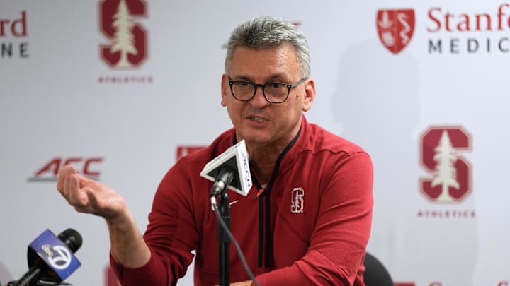 Dec 27, 2025; Stanford, California, USA; Stanford Cardinal head coach Kyle Smith talks to media members after defeating the CSUN Matadors at Maples Pavilion. Mandatory Credit: Darren Yamashita-Imagn Images