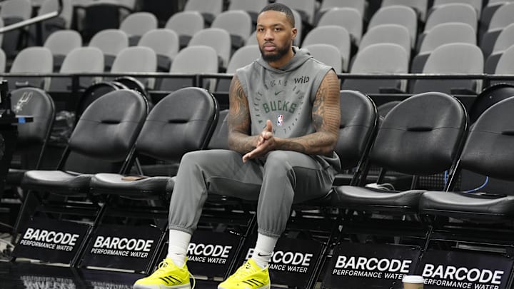 Jan 31, 2025; San Antonio, Texas, USA; Milwaukee Bucks guard Damian Lillard (0) warms up before a game the San Antonio Spurs at Frost Bank Center. Mandatory Credit: Scott Wachter-Imagn Images
