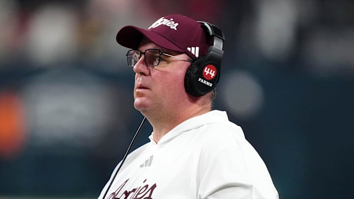 Dec 27, 2024; Las Vegas, NV, USA; Texas A&M Aggies head coach Mike Elko reacts against the Southern California Trojans in the second half at Allegiant Stadium. Mandatory Credit: Kirby Lee-Imagn Images Dec 27, 2024; Las Vegas, NV, USA; Texas A&M Aggies head coach Mike Elko reacts against the Southern California Trojans in the second half at Allegiant Stadium. Mandatory Credit: Kirby Lee-Imagn Images