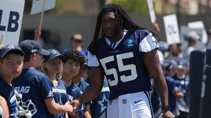 Dallas Cowboys linebacker Jaishawn Barham greets fans at training camp at River Ridge Playing Fields. Dallas Cowboys linebacker Jaishawn Barham greets fans at training camp at River Ridge Playing Fields.