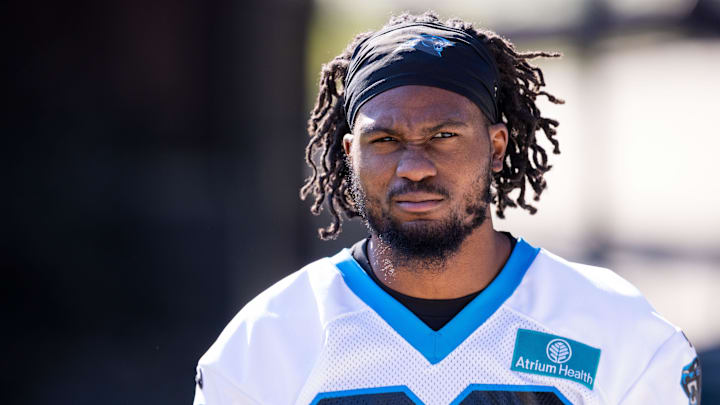 Jul 23, 2025; Charlotte, NC, USA; Carolina Panthers cornerback M.J. Devonshire (28) heads to the field for training camp. Jul 23, 2025; Charlotte, NC, USA; Carolina Panthers cornerback M.J. Devonshire (28) heads to the field for training camp.