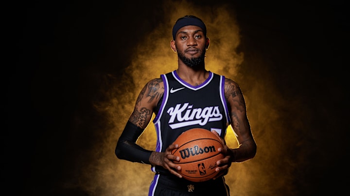 Sep 30, 2024; Sacramento, CA, USA; Sacramento Kings forward Jalen McDaniels (7) during media day at Golden 1 Center. Mandatory Credit: Sergio Estrada-Imagn Images