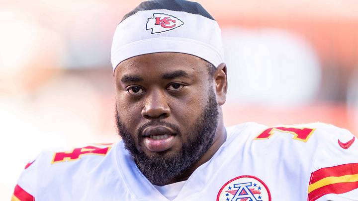 October 23, 2022; Santa Clara, California, USA; Kansas City Chiefs offensive tackle Geron Christian (74) after the game against the San Francisco 49ers at Levi's Stadium. Mandatory Credit: Kyle Terada-USA TODAY Sports October 23, 2022; Santa Clara, California, USA; Kansas City Chiefs offensive tackle Geron Christian (74) after the game against the San Francisco 49ers at Levi's Stadium. Mandatory Credit: Kyle Terada-USA TODAY Sports