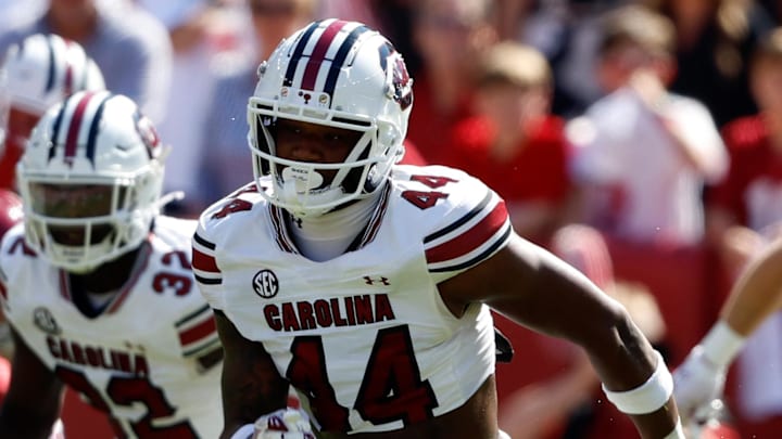 Oct 12, 2024; Tuscaloosa, Alabama, USA;  South Carolina Gamecocks linebacker Jaron Willis (14) during the second half at Bryant-Denny Stadium. Mandatory Credit: Butch Dill-Imagn Images